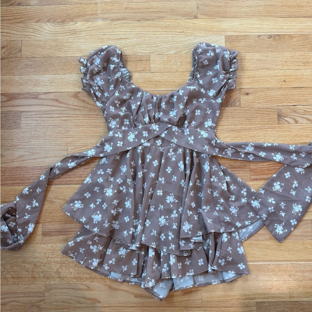 Alter’d State Floral Brown Romper Dress with Ruffle Sleeves